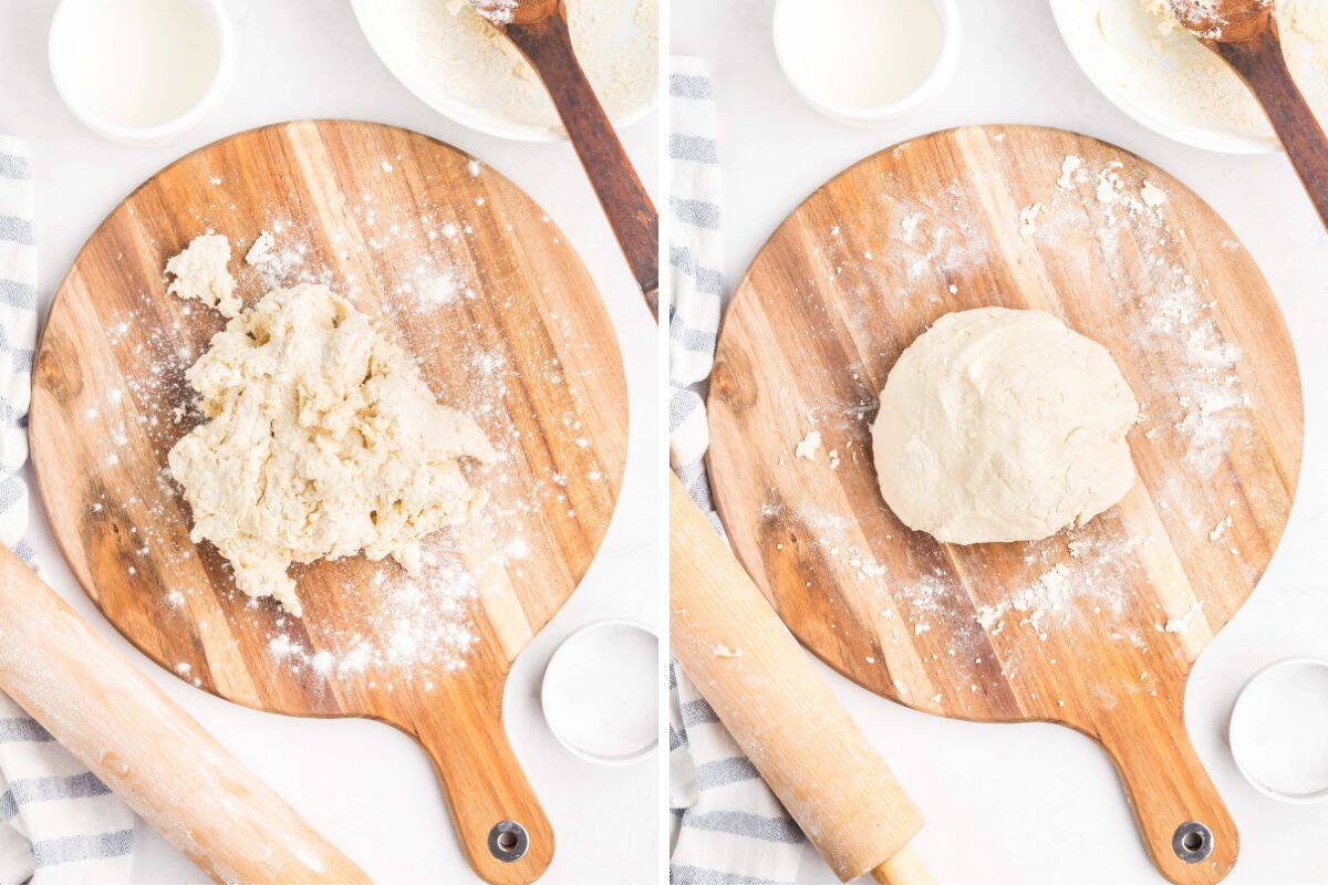 Side-by-side collage showing the dough in its rough, mixed state (left) and formed into a smooth, round dough ball (right) on a floured wooden board with rolling pin and ingredients around.