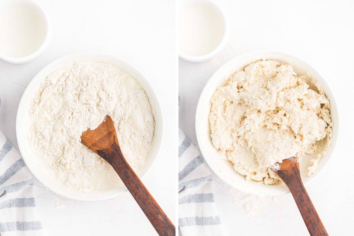 Side-by-side collage showing a white mixing bowl with flour and heavy cream before mixing (left) and the same bowl with biscuit dough partially mixed using a wooden spoon (right).