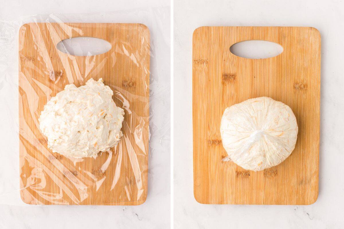 Side-by-side images showing cheese ball mixture on plastic wrap on a wooden board and the same mixture wrapped tightly into a round shape using plastic wrap.