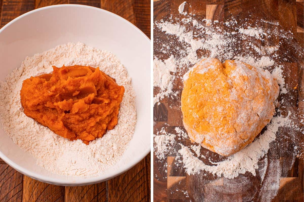 Side-by-side images: the left shows a bowl with pumpkin puree sitting on top of flour, and the right shows a ball of pumpkin bread dough on a floured wooden surface.