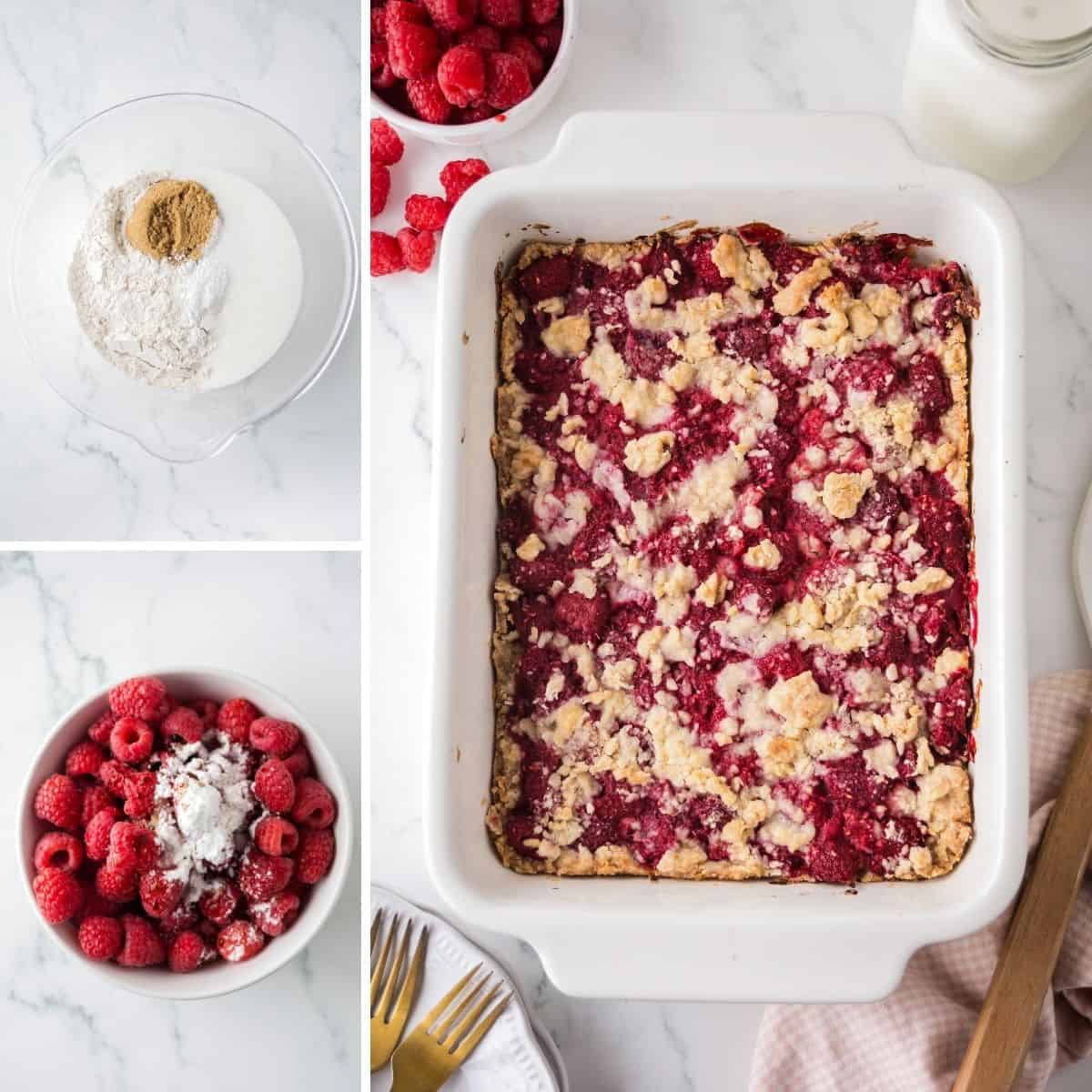 Collage with three images: a bowl of dry ingredients including flour, sugars, and baking powder; a bowl of raspberries topped with sugar and cornstarch; and a large baking dish filled with freshly baked raspberry crumb bars with a golden crumb topping. Fresh raspberries, a milk bottle, and plates with gold forks are visible around the dish.