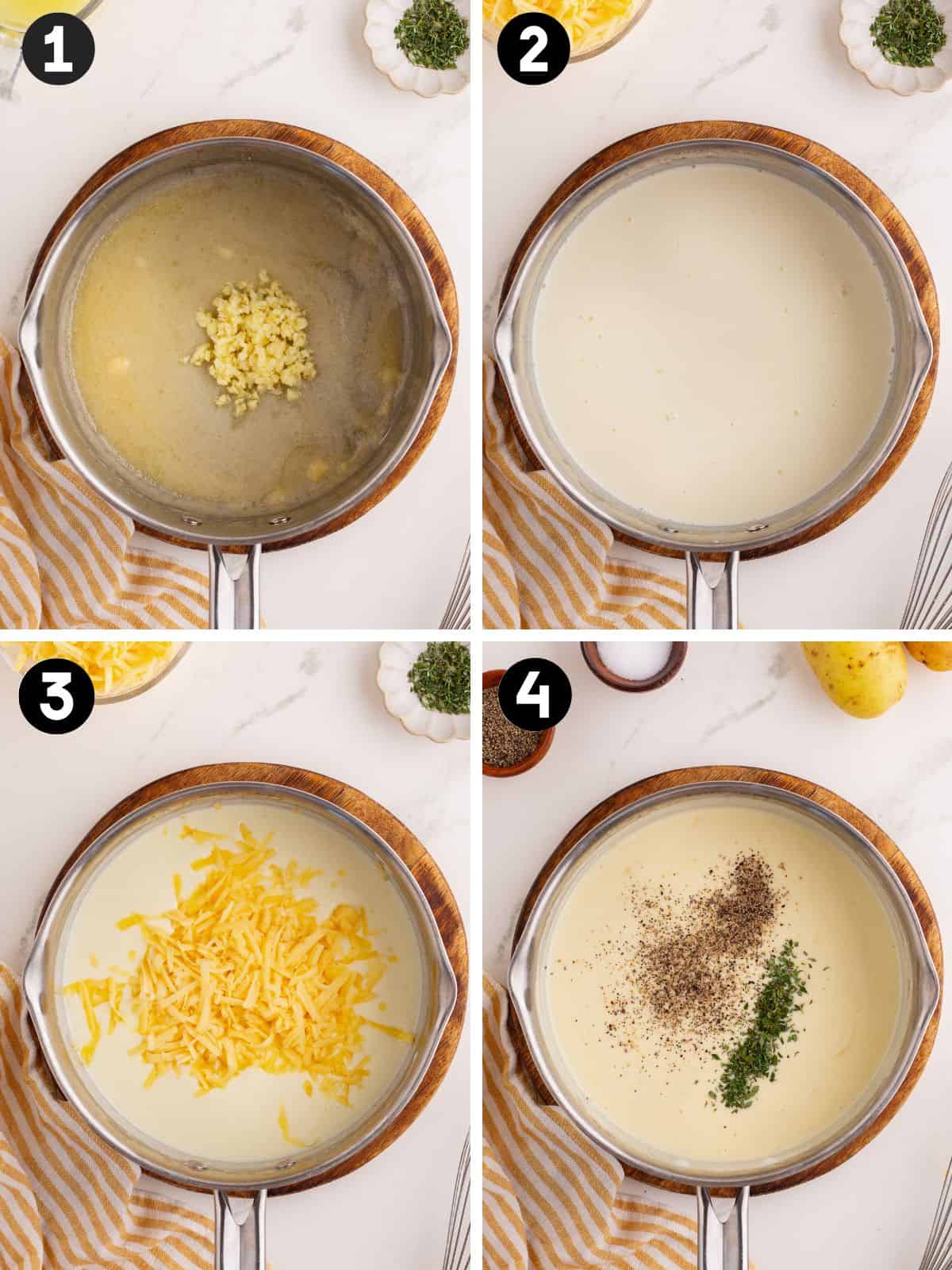 Collage pin with four images showing how to make cheese sauce for scalloped potatoes. Step 1 shows minced garlic in melted butter in a saucepan. Step 2 shows cream added to the mixture. Step 3 shows shredded cheese being added. Step 4 shows the finished sauce with black pepper and chopped herbs on top. The saucepan is on a wooden trivet with a striped towel beside it in each image.