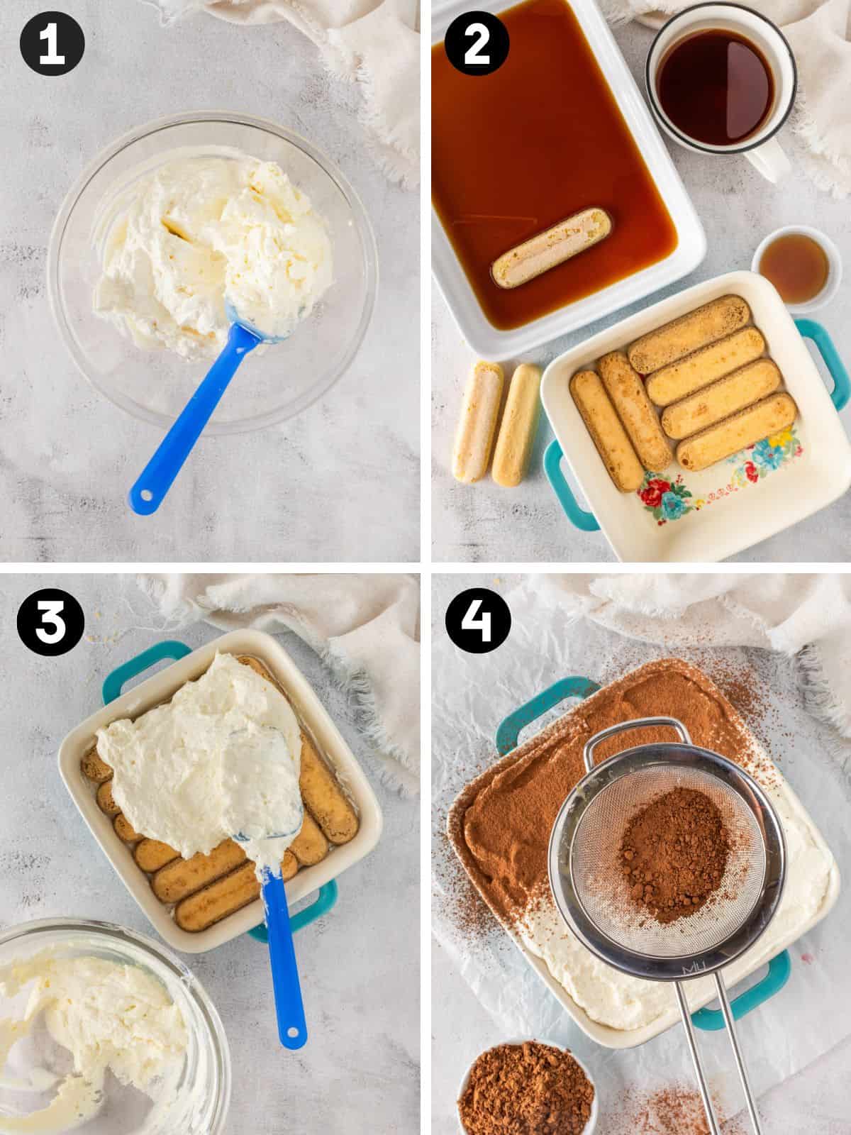 Four-step collage showing tiramisu preparation: mixing mascarpone filling, dipping ladyfingers in coffee, spreading the filling over the biscuits, and sifting cocoa powder on top.