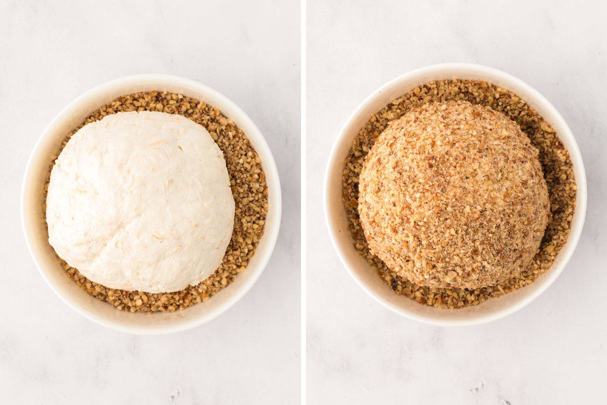 Side-by-side images of a plain cheese ball in a bowl of chopped pecans and the same ball fully coated in the nuts.