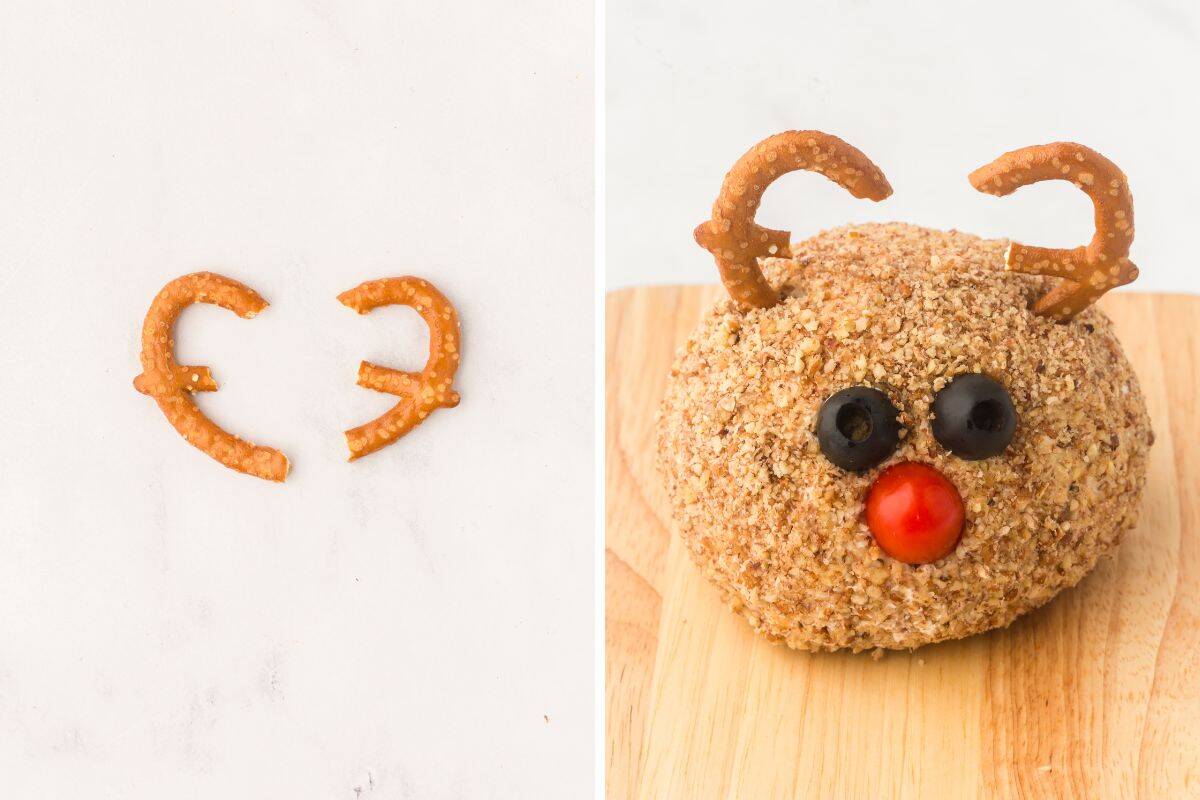 Side-by-side images showing two pretzel twists cut into antler shapes and the completed reindeer cheese ball with pretzel antlers, black olive eyes, and a cherry tomato nose.