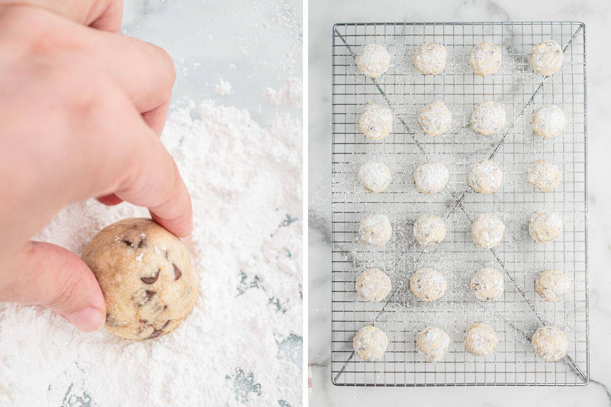 Left image: a hand rolling a baked chocolate chip cookie ball in powdered sugar. Right image: sugar-coated cookies arranged on a wire cooling rack, dusted with additional powdered sugar.