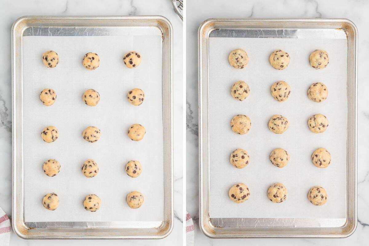 Two metal baking sheets lined with parchment paper. Left image: raw chocolate chip cookie dough balls evenly spaced before baking. Right image: the same cookies after baking, slightly golden and puffed.