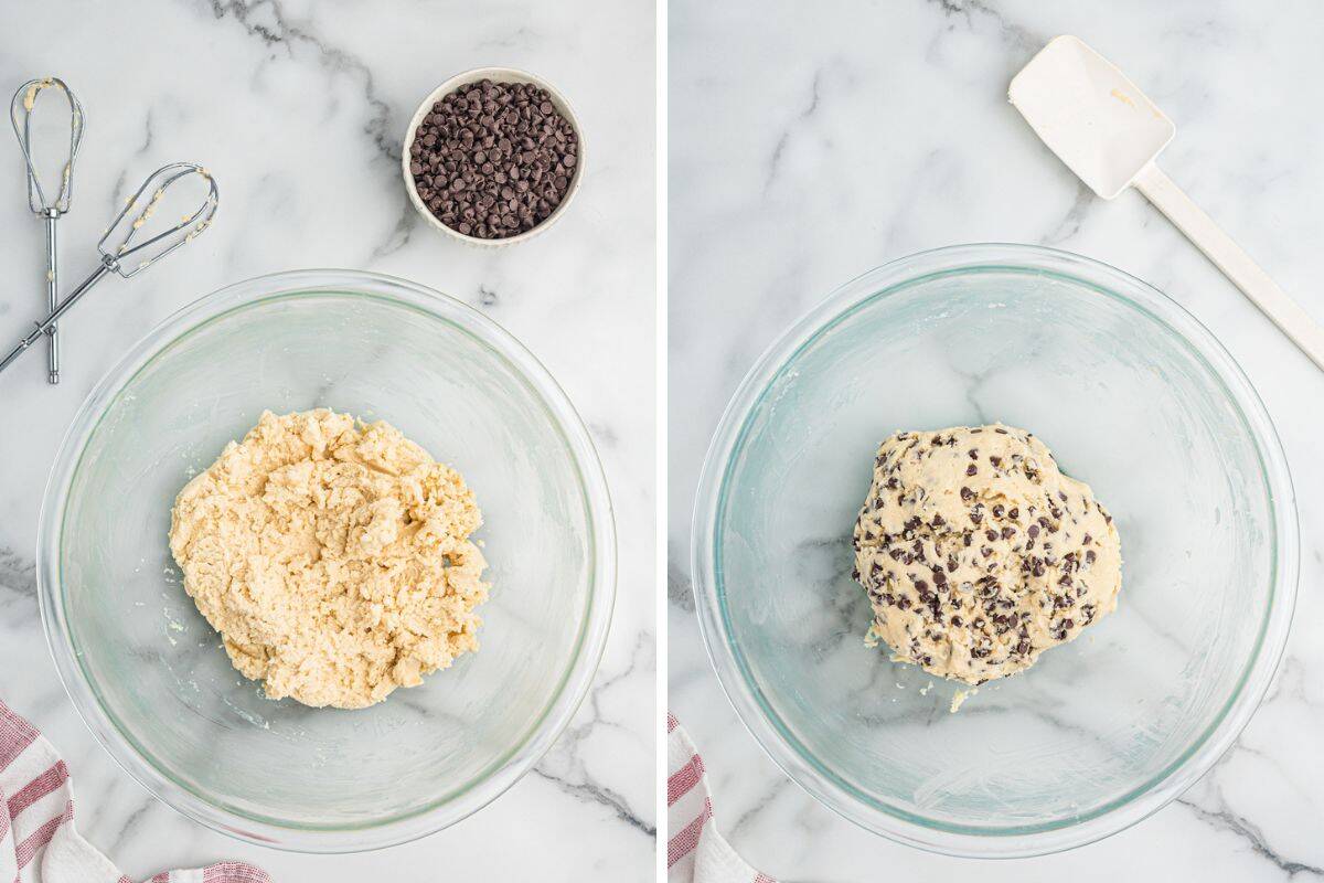 Side-by-side images showing the progression of making chocolate chip snowball dough. Left image: pale dough in a mixing bowl, chocolate chips in a separate bowl, and beaters beside it. Right image: the same dough with mini chocolate chips fully mixed in, next to a white spatula.