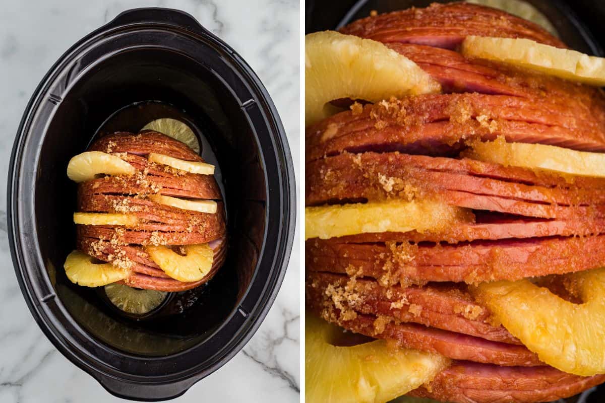 Two image collage. Left image shows a spiral sliced ham layered with pineapple rings and sprinkled with brown sugar in a slow cooker. Right image shows a close-up of the same ham highlighting the sugar and pineapple slices between the meat layers.