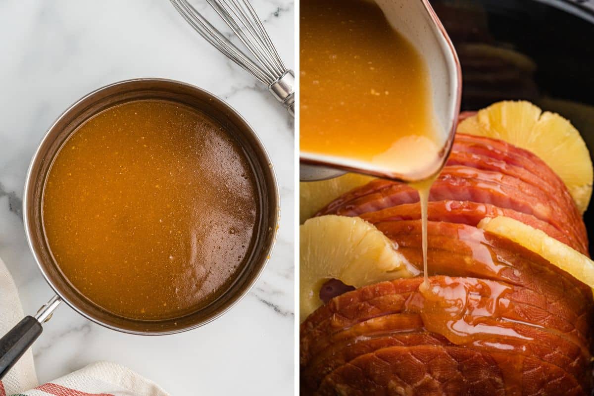 Two ingredient collage. Left image shows a saucepan filled with golden brown glaze next to a metal whisk. Right image shows the glaze being poured over spiral sliced ham with pineapple slices.