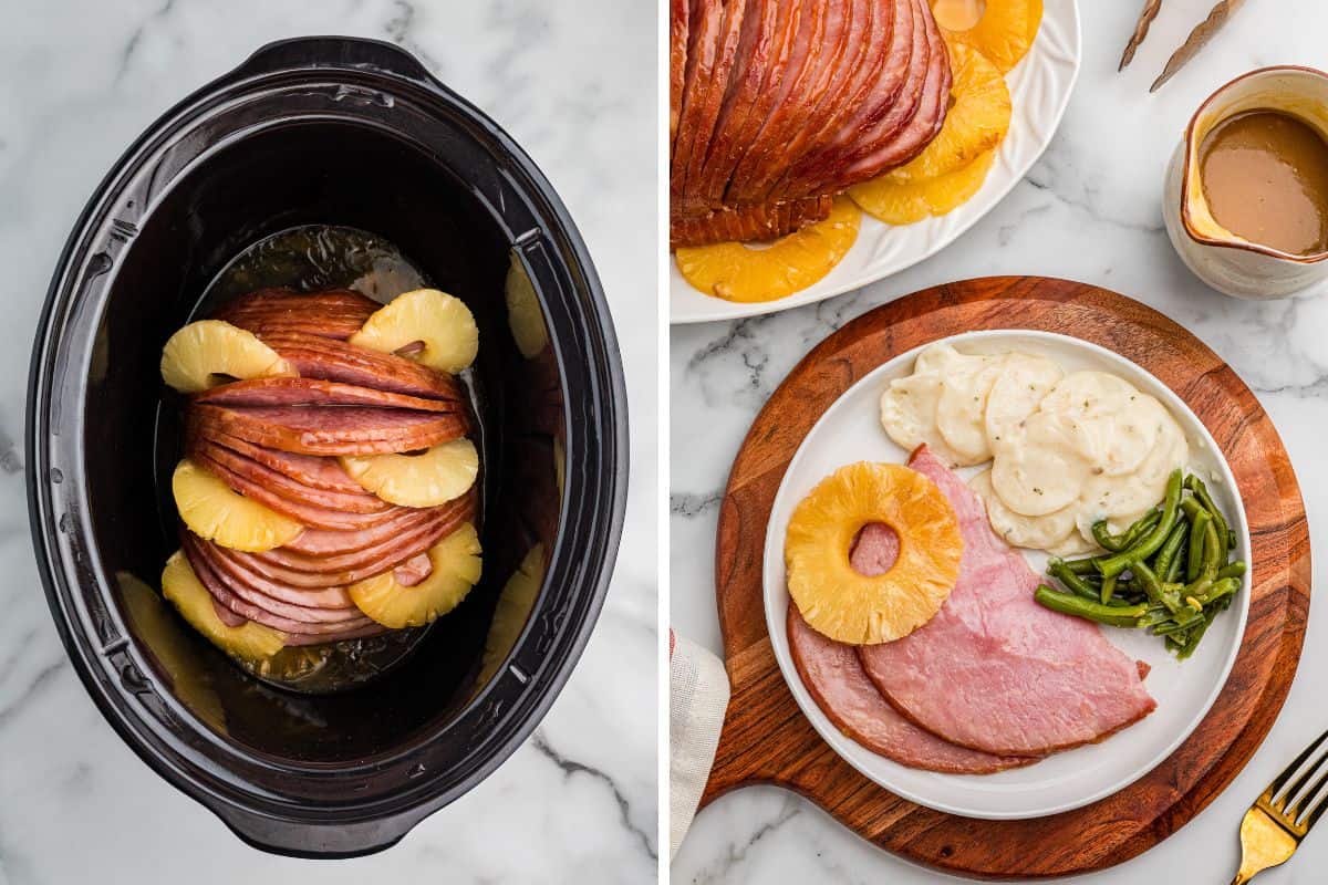 Two side-by-side images. Left image shows a spiral sliced ham layered with pineapple rings in a slow cooker. Right image shows a plate with slices of ham topped with pineapple, served alongside scalloped potatoes and green beans. A platter of ham and a small pitcher of sauce are partially visible above the plate.