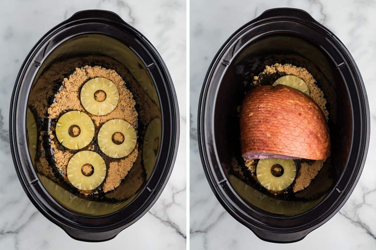 Two image collage. Left image shows the bottom of a slow cooker filled with brown sugar and four pineapple rings arranged on top. Right image shows a partially placed ham sitting over the pineapple and brown sugar base.