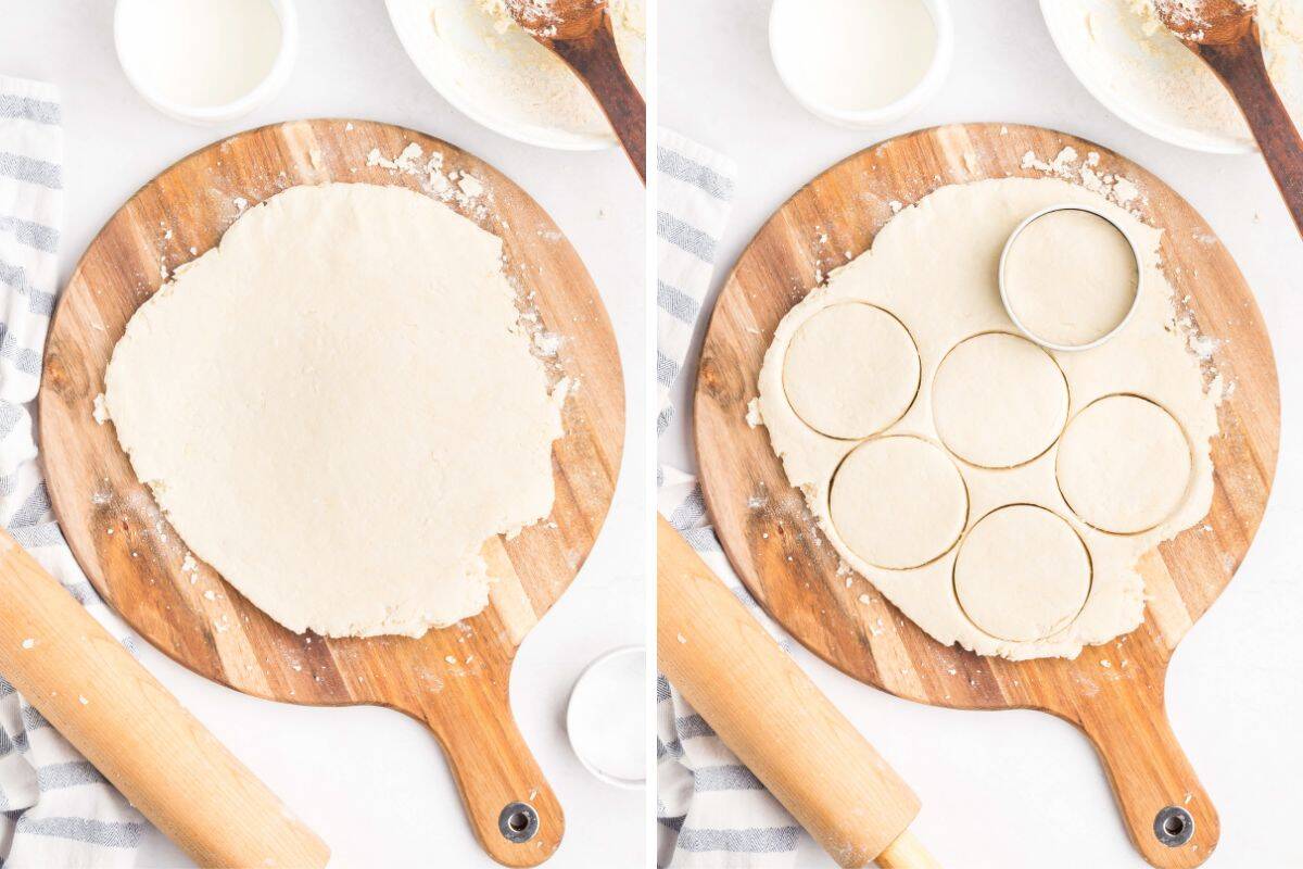 Side-by-side collage with biscuit dough rolled out on a wooden board (left) and the same dough with circular shapes cut using a metal cutter (right). Rolling pin, cream, and flour bowl visible nearby.