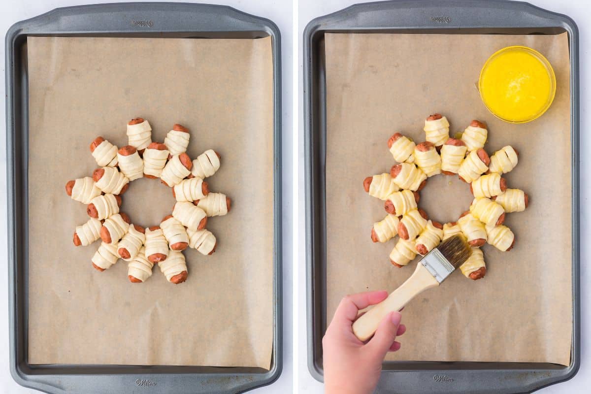 Unbaked pigs in a blanket wreath before and after butter brushing with butter.