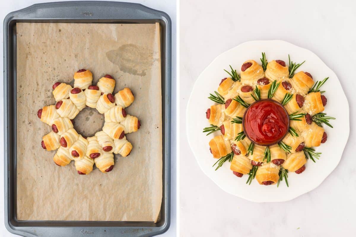 Side-by-side of baked and plated pigs in a blanket wreath with rosemary sprigs and a bowl of ketchup in the center.