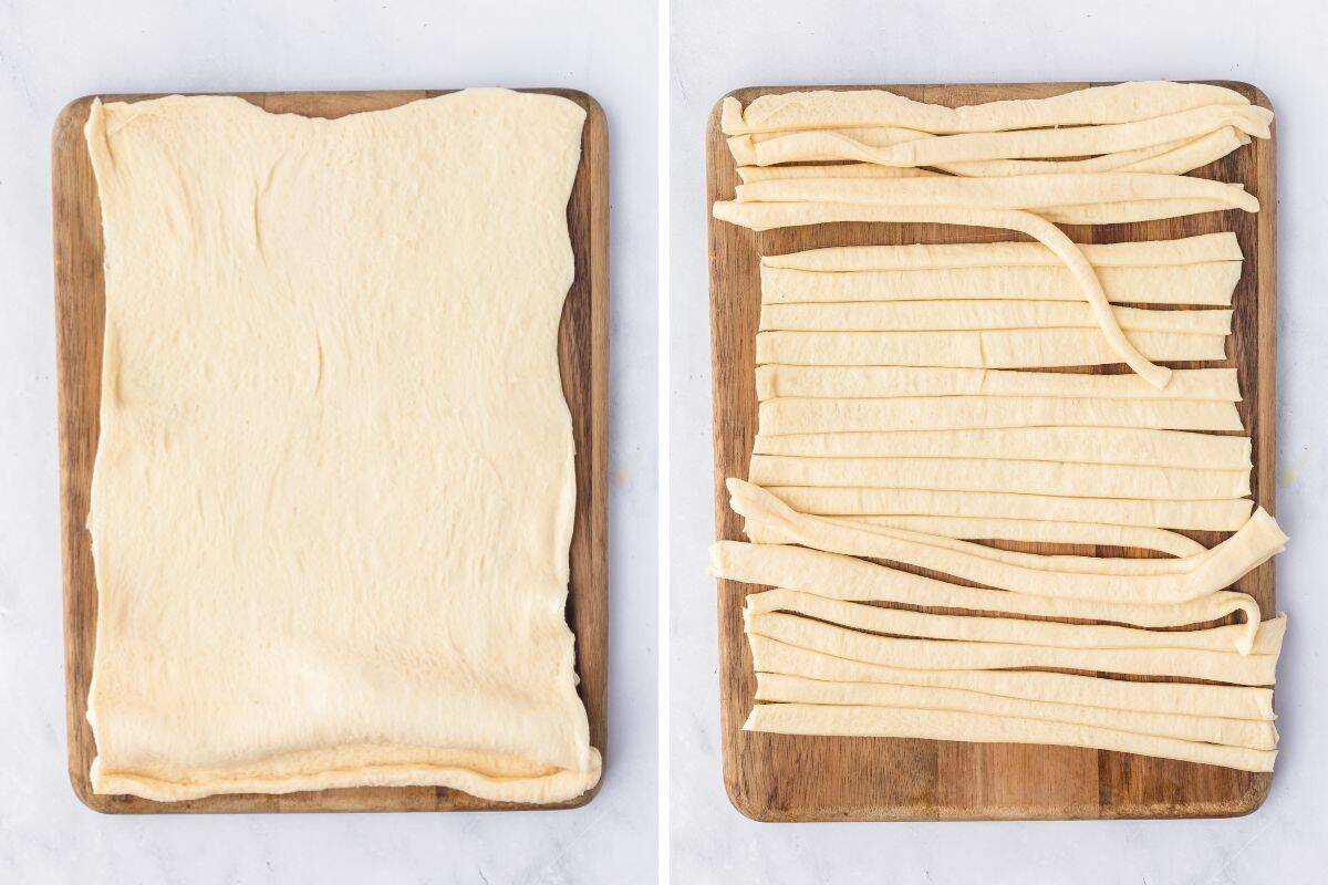 Crescent dough sheet whole and sliced into strips.