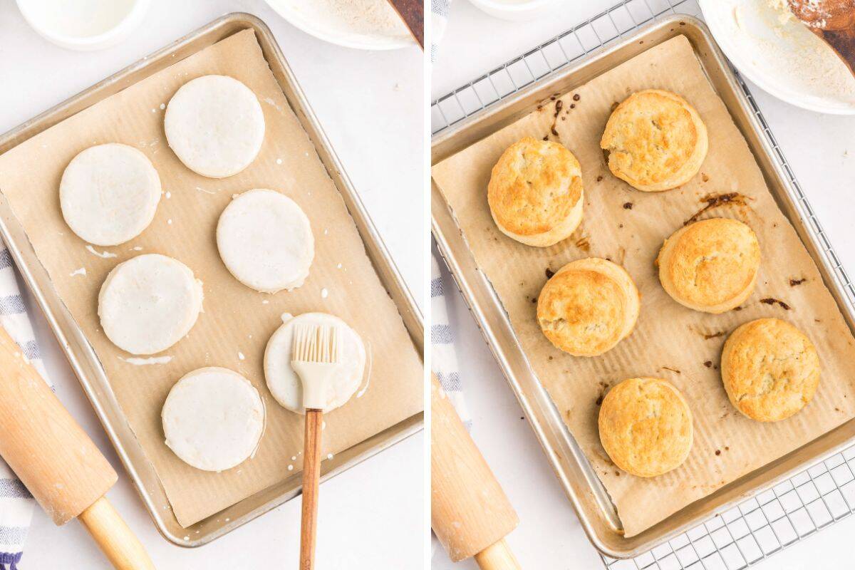 Side-by-side collage showing unbaked biscuit rounds brushed with cream on a parchment-lined baking sheet (left) and golden baked biscuits on the same sheet after baking (right).