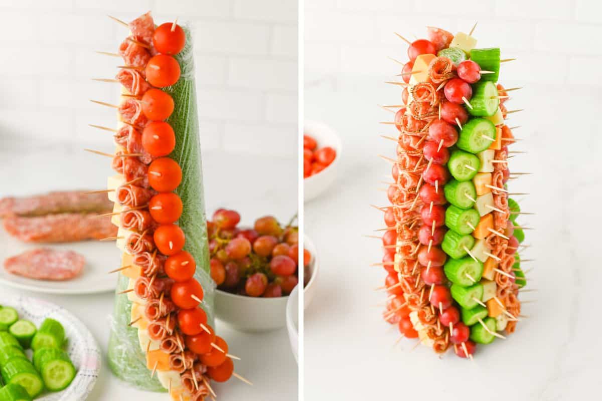 Two-image collage showing the assembly of a skewer appetizer tree. Left image shows a foam cone partially covered in skewers holding cherry tomatoes, cheese cubes, and salami. Right image shows more progress with additional skewers containing grapes and sliced cucumbers added in vertical rows.