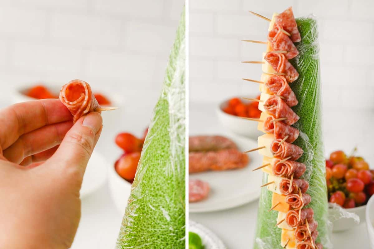 Two-image collage of the skewer assembly process. Left image shows a hand holding a toothpick with a rolled salami slice. Right image shows that skewer, along with others, inserted into a green foam cone with alternating cheese cubes.