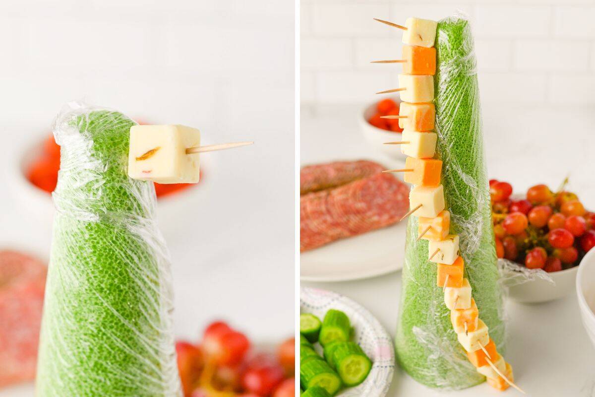 Two-image collage showing cheese cube skewers added to foam cone.