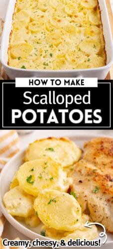 Homemade scalloped potatoes in a baking dish and plated serving with chicken. Text overlay reads “How to Make Scalloped Potatoes” and “Creamy, cheesy, & delicious!” with an arrow pointing to the potatoes on the plate.