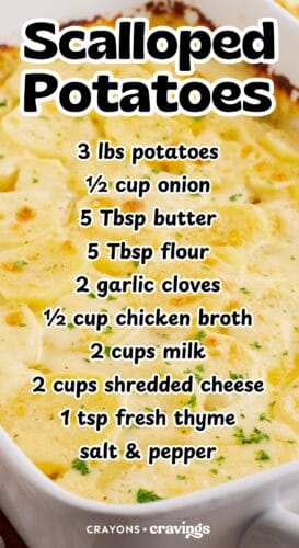 creamy scalloped potatoes in a white baking dish, overlaid with a bold ingredient list. Text reads: “Creamy Scalloped Potatoes. Full recipe ➤ crayonsandcraving.com. 3 lbs potatoes, ½ cup onion, 5 tbsp butter, 5 tbsp flour, 2 garlic cloves, ½ cup chicken broth, 2 cups milk, 2 cups cheese, 1 tsp fresh thyme, salt & pepper.”