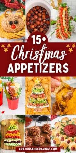 Collage pin featuring images of a reindeer cheese ball, crockpot meatballs, charcuterie skewer tree, snack cups, tree-shaped layered dip, cheesy dip with chip, charcuterie tree, bacon meatballs, and pigs in a blanket. Text reads “15+ Christmas Appetizers” and “CrayonsAndCravings.com”.