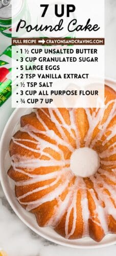 Collage pin showing a glazed Bundt cake and ingredient list. Text reads "7 UP Pound Cake".