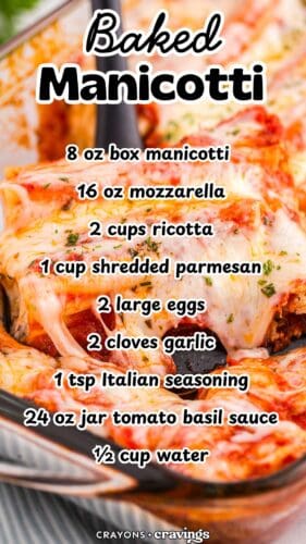 Collage pin showing a close-up of baked manicotti being served, with melted cheese and sauce. Overlaid text reads: “Baked Manicotti” followed by ingredient list: 8 oz box manicotti, 16 oz mozzarella, 2 cups ricotta, 1 cup shredded parmesan, 2 large eggs, 2 cloves garlic, 1 tsp Italian seasoning, 24 oz jar tomato basil sauce, ½ cup water. Logo at the bottom reads “Crayons + Cravings.”