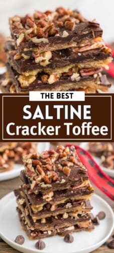 Collage pin showing close-up images of stacked saltine cracker toffee pieces layered with toffee, melted chocolate, and chopped pecans. Text in the center reads &ldquo;The Best Saltine Cracker Toffee.&rdquo;