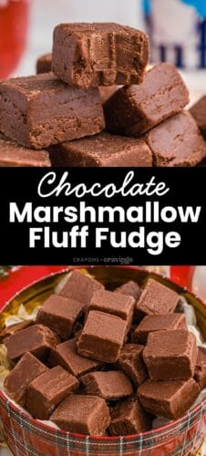 Collage pin with close-ups of chocolate fudge. Text reads &ldquo;Chocolate Marshmallow Fluff Fudge.&rdquo;