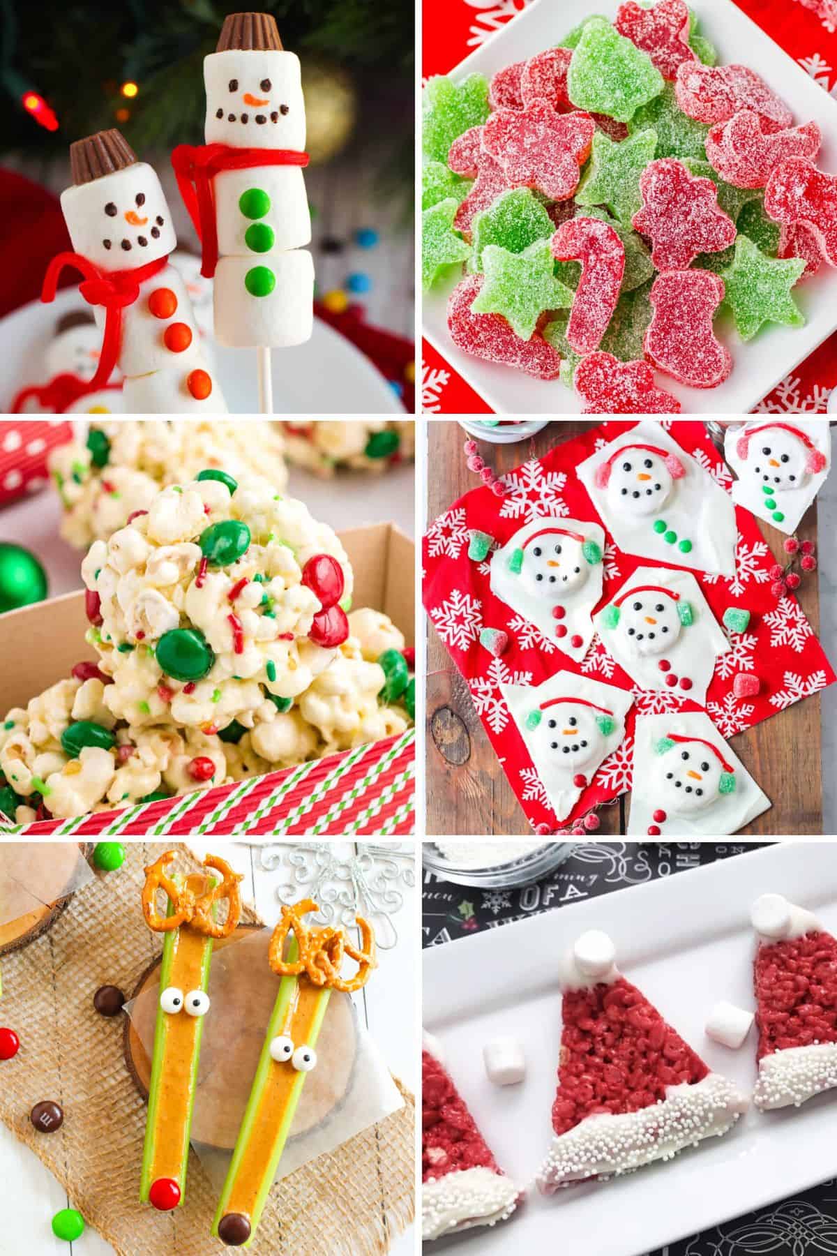 Collage pin with 6 Christmas snacks for kids like marshmallow snowmen, gumdrops, reindeer celery sticks, santa rice krispie treats, popcorn balls, and snowman bark.