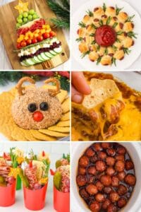Collage showing six Christmas appetizers: a charcuterie board shaped like a Christmas tree; crescent roll pigs in a blanket arranged in a wreath; a reindeer-shaped cheese ball with crackers; a cheese and chili dip; charcuterie cups; and crockpot meatballs.