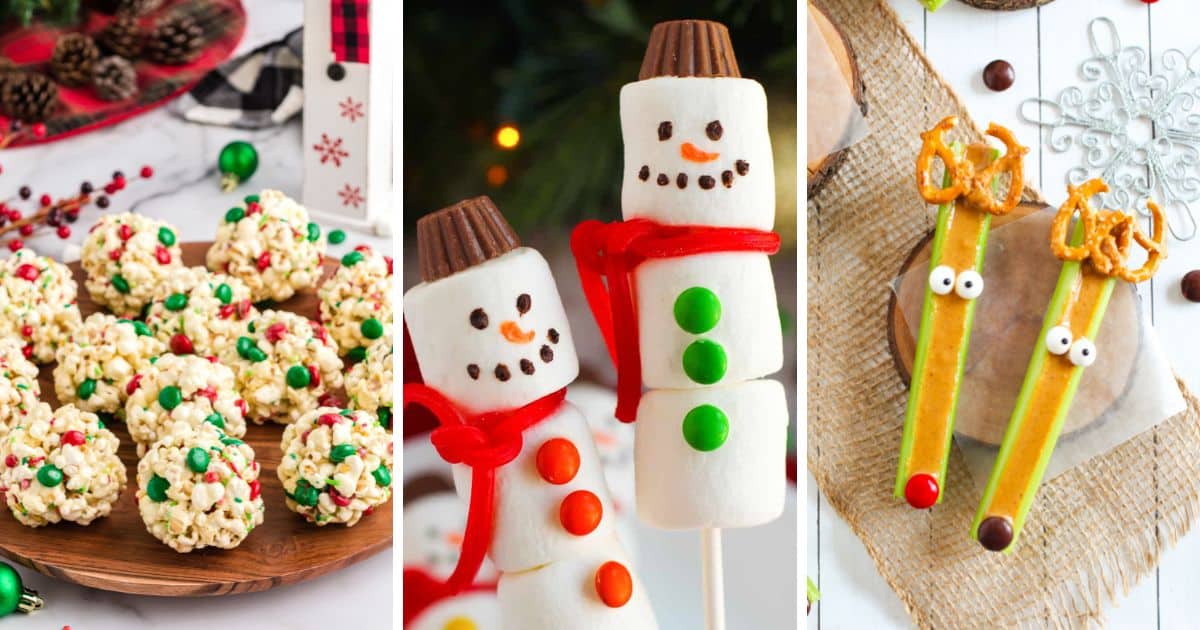 Three festive Christmas snacks for kids: popcorn balls, marshmallow snowmen, and celery reindeer sticks.