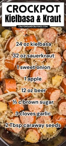 Collage pin showing cooked kielbasa with sauerkraut and potatoes, overlaid with text: &ldquo;Crockpot Kielbasa & Kraut &ndash; 24 oz kielbasa, 32 oz sauerkraut, 1 sweet onion, 1 apple, 12 oz beer, ⅓ c brown sugar, 3 cloves garlic, 2 Tbsp caraway seeds.&rdquo;