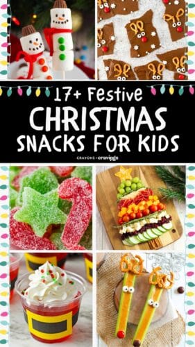 Collage pin featuring festive Christmas snacks including marshmallow snowmen on sticks, chocolate bark with reindeer faces, sugared red and green gumdrops, a fruit and cheese Christmas tree platter, red gelatin cups with whipped cream in Santa belt wrappers, and celery sticks decorated as reindeer. Text reads "17+ Festive Christmas Snacks for Kids."
