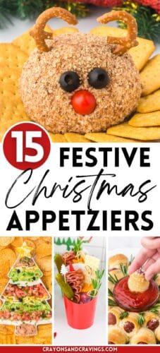 Collage pin with a large image of a reindeer-shaped cheese ball at the top, and three smaller images at the bottom showing a tree-shaped dip, snack cups, and a hand dipping into a ketchup bowl surrounded by pigs in a blanket. Text reads “15 Festive Christmas Appetizers” and “CrayonsAndCravings.com”.