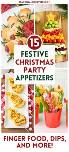 Collage pin with text about Christmas party appetizers and finger food. Text reads “15 Festive Christmas Party Appetizers” and “FINGER FOOD, DIPS, AND MORE!” at the bottom, with “CrayonsAndCravings.com” at the top.