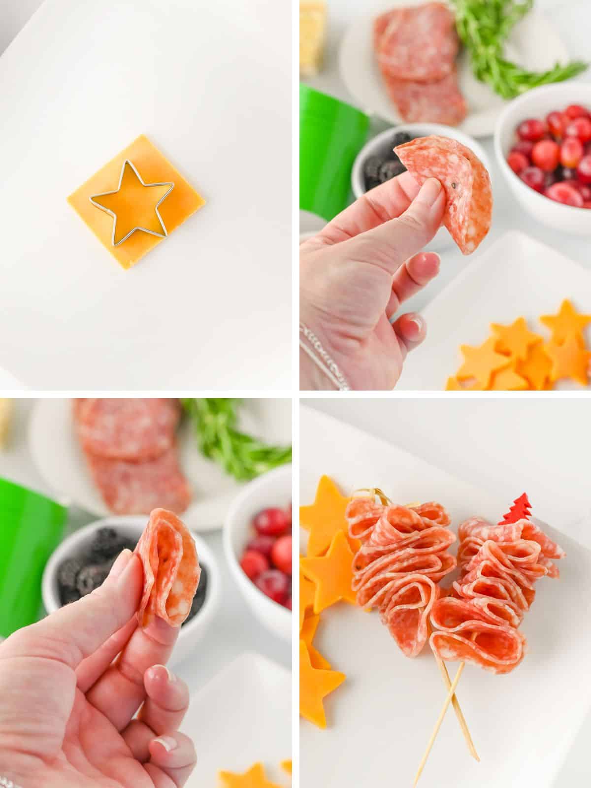 4 photo collage showing steps to assemble charcuterie cups. Top left shows a star-shaped cutter on a square slice of cheddar cheese. Top right and bottom left show hands folding salami. Bottom right shows two skewers of folded salami arranged like trees, surrounded by cheddar cheese stars.