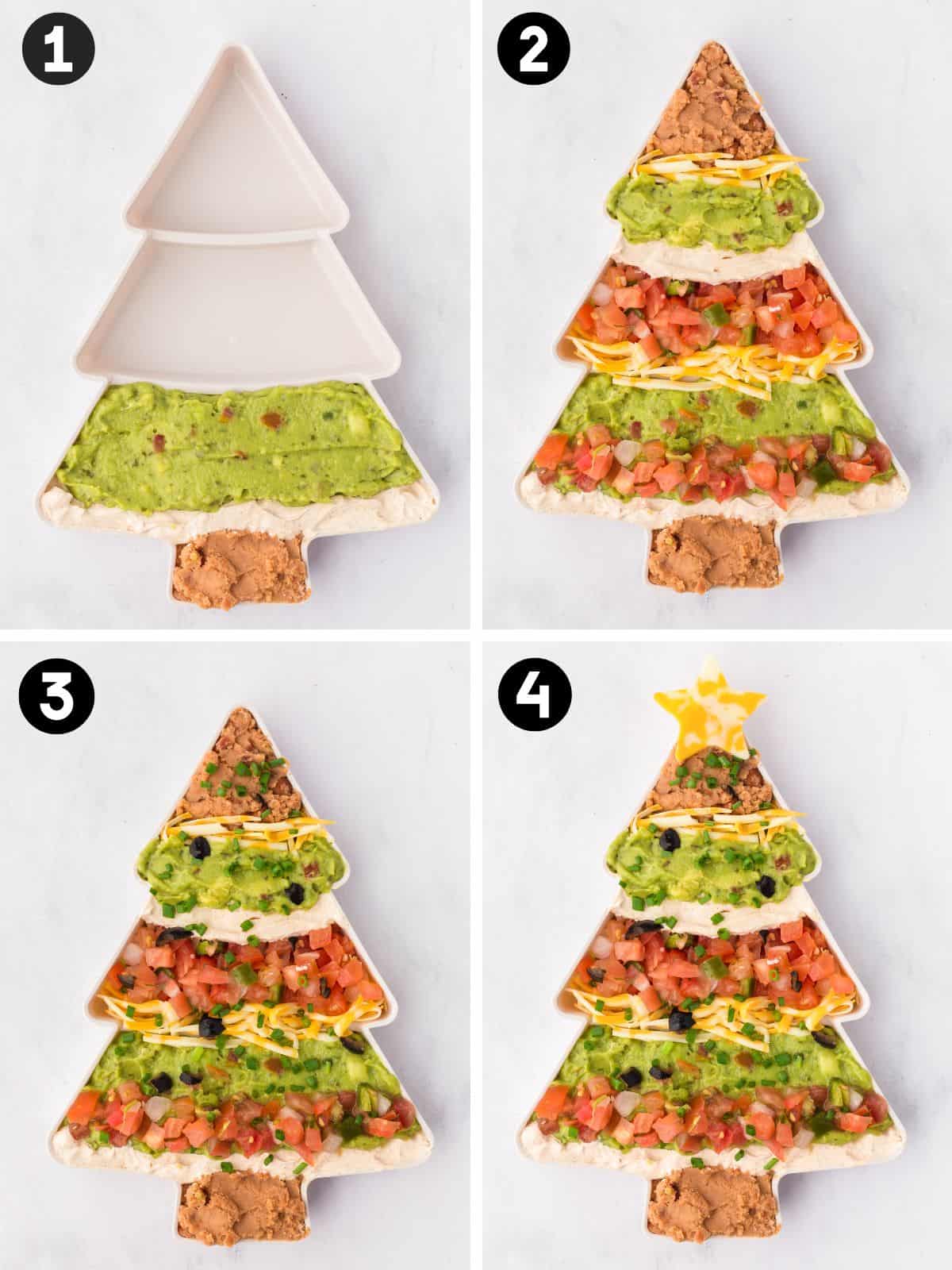 A four-step collage shows the assembly of a Christmas tree-shaped taco dip with layers of beans, sour cream, guacamole, cheese, pico de gallo, olives, chives, and a cheese star on top.