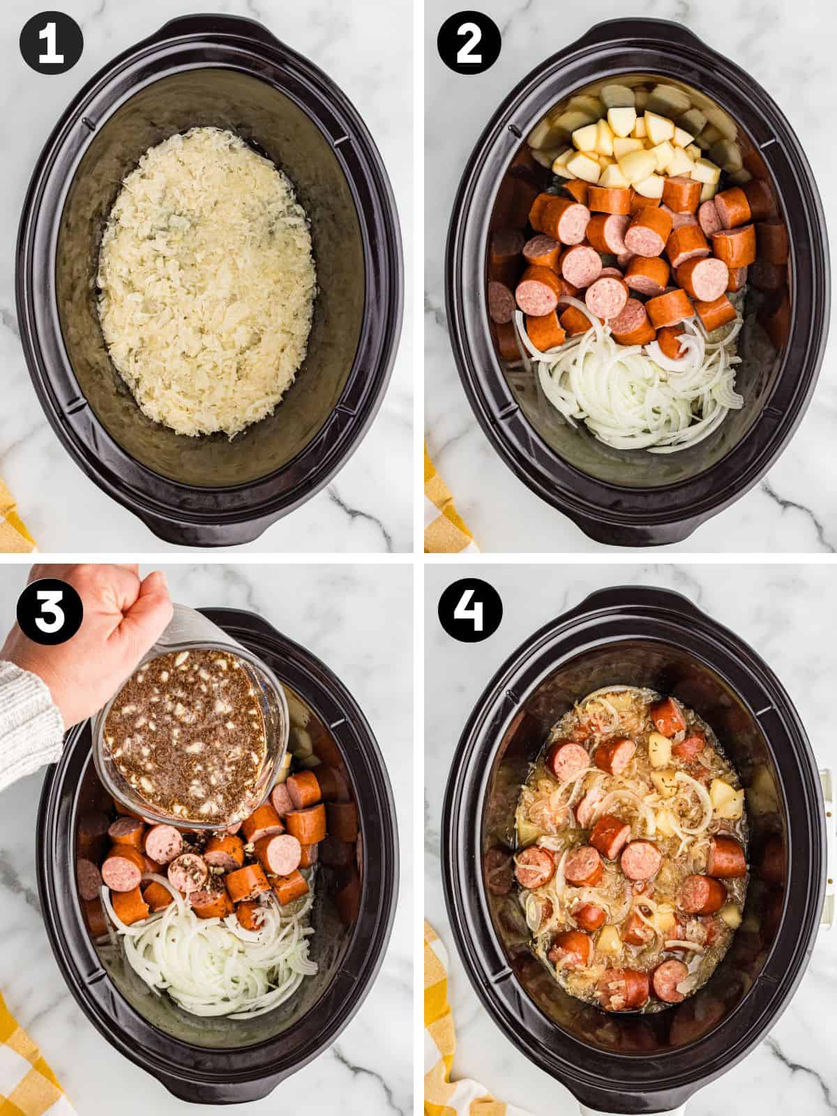 A four-step collage demonstrates the preparation of kielbasa and sauerkraut in a black slow cooker. In step one, sauerkraut is spread evenly across the bottom of the crockpot. Step two shows sliced kielbasa, thinly sliced onion, and diced apple layered on top of the sauerkraut. In step three, a hand is pouring a brown liquid mixture with visible seasonings over the contents. Step four shows the final cooked dish, with the kielbasa, sauerkraut, onions, and apples fully mixed and simmered together.