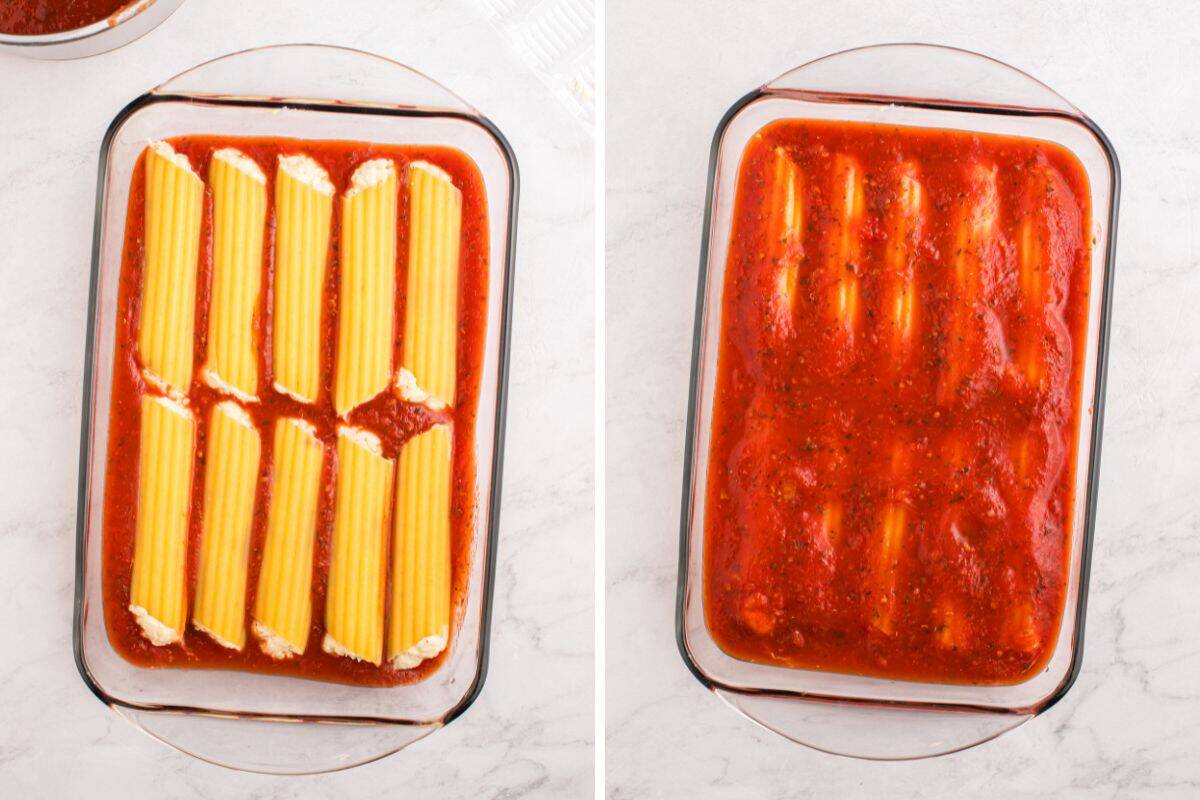 Two images of a glass baking dish. Left shows uncooked stuffed manicotti arranged in tomato sauce. Right shows the same pasta fully covered with sauce, ready for baking.