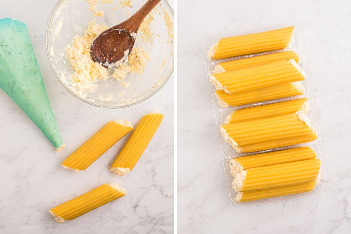 Two side-by-side images. Left side shows a mixing bowl with cheese filling and a piping bag beside partially filled manicotti shells. Right side shows a tray of fully stuffed manicotti lined up neatly.