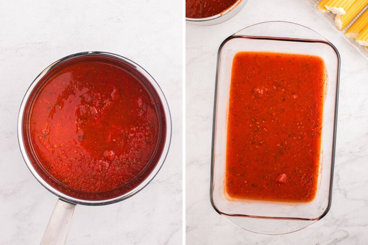 Pasta sauce in pan and spread in bottom of glass baking dish.