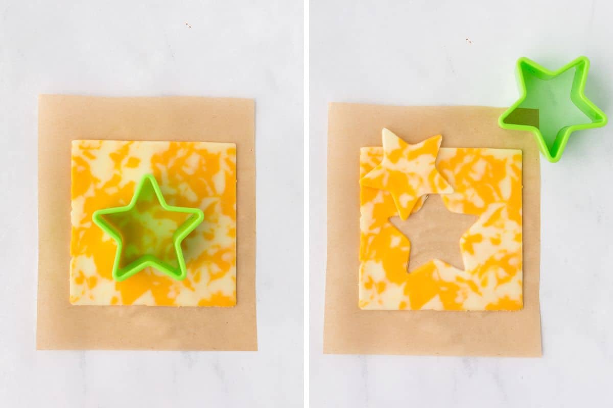 Star-shaped cutter used on marbled cheese slice.