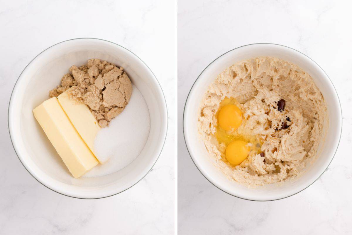 Split image showing the early stage of cookie dough preparation. Left side shows brown sugar, granulated sugar, and butter in a bowl. Right side shows the creamed mixture with two cracked eggs and vanilla added on top.