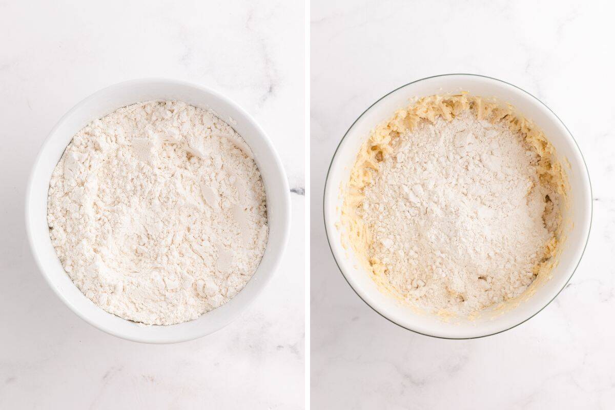 Two images of cookie dough preparation: left shows a bowl of the dry ingredients, and right shows the flour mixture added to creamed dough before being mixed.
