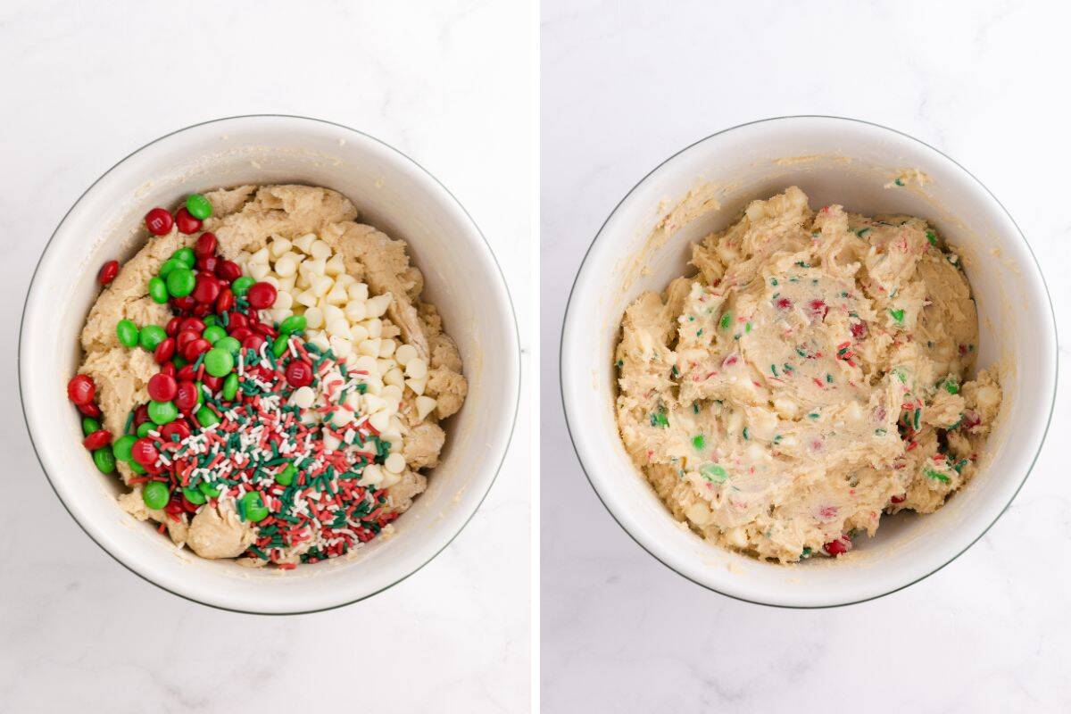 Side-by-side bowls of Christmas cookie dough before and after mixing in Christmas M&M candies, white chocolate chips, and sprinkles.