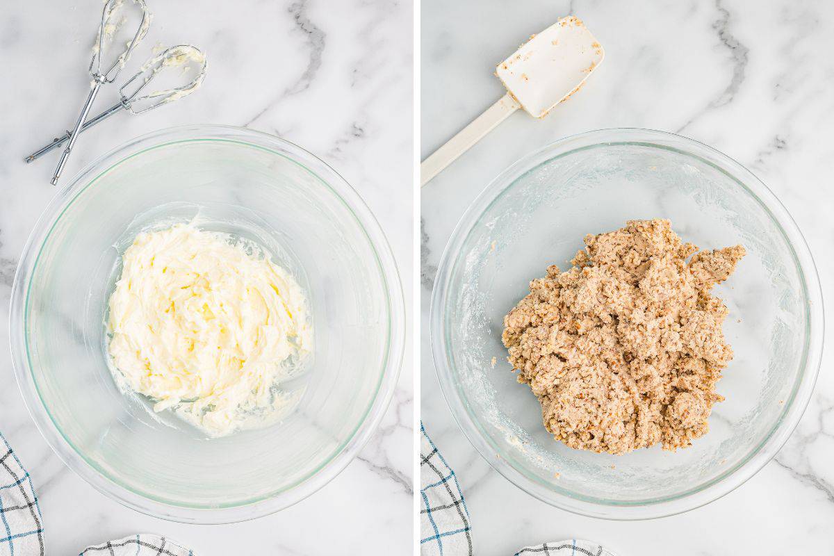 Side-by-side image of two glass mixing bowls: the left bowl contains a creamed butter mixture with beaters beside it, and the right bowl holds the finished pecan cookie dough next to a spatula.