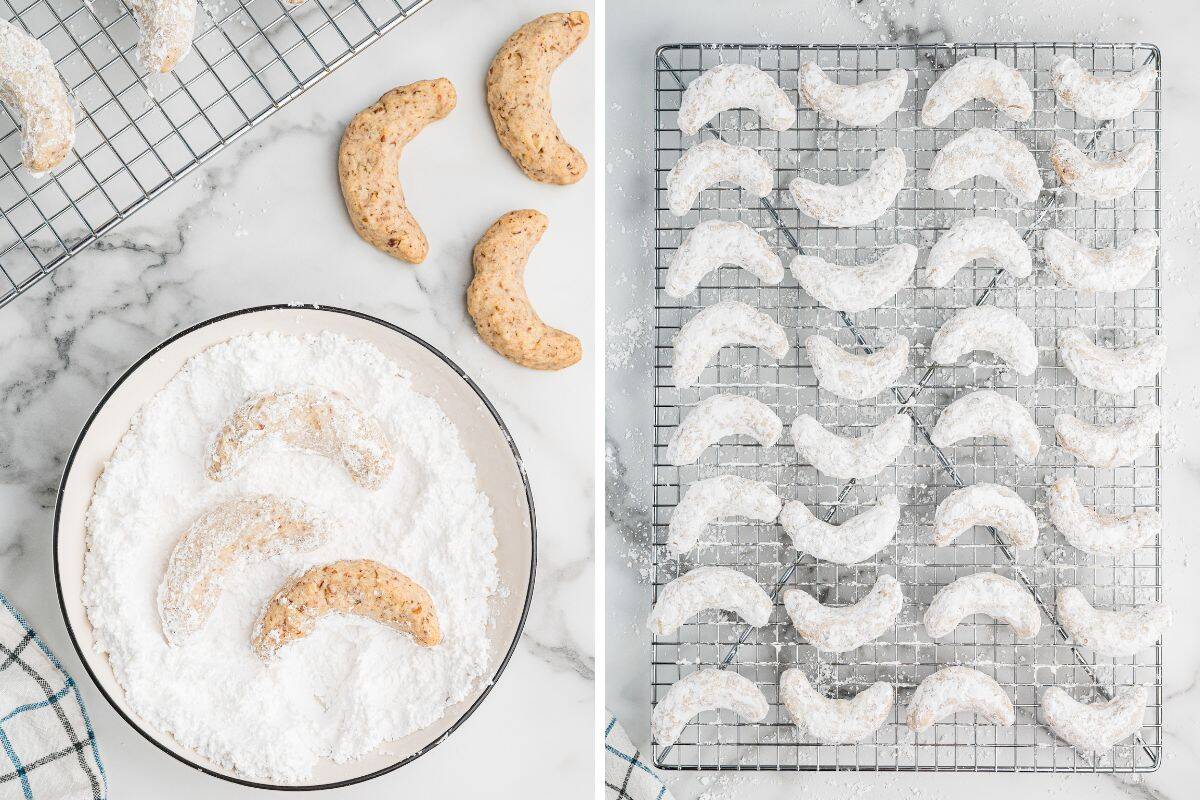 Split image showing crescent-shaped pecan cookies in different stages: the left side shows cookies being coated in powdered sugar in a bowl and some uncoated on the counter; the right side shows a full cooling rack of cookies fully coated in powdered sugar.
